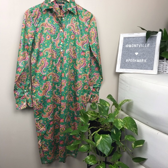 LAUREN Ralph Lauren Green Paisley Shirt Dress - Picture 1 of 7